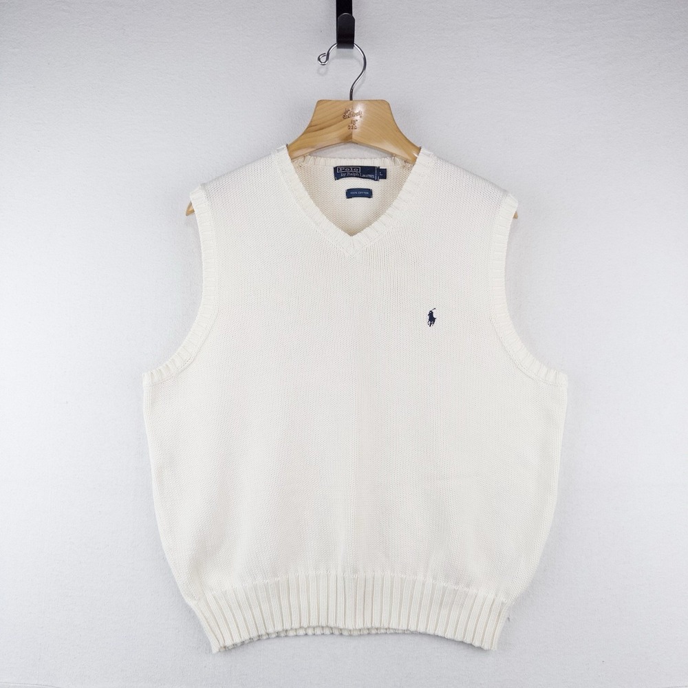 90's Vtg Polo Ralph Lauren Sweater Vest Men's L Off White 100% Cotton